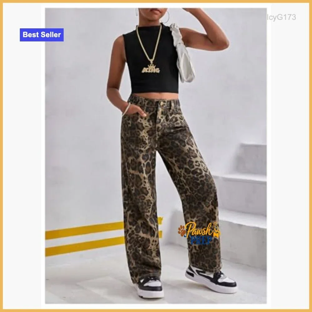 Girls Straight Leg Denim Pants High Waist Elastic Waist Cheetah Print